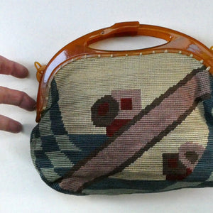 rt Deco Bauhaus Tapestry Bag 1930s with Amber Bakelite Handles