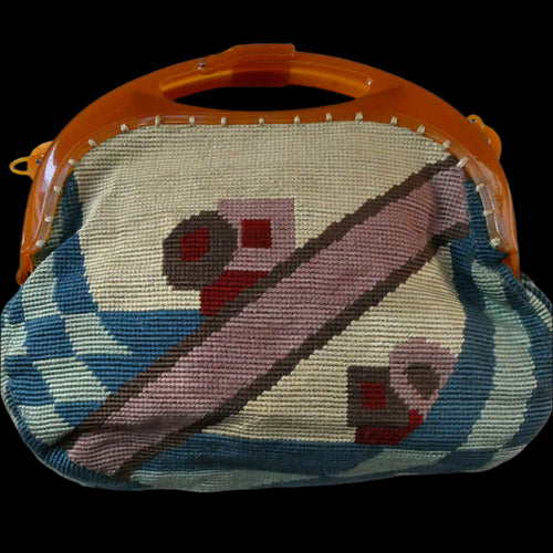 Art Deco Bauhaus Tapestry Bag 1930s with Amber Bakelite Handles