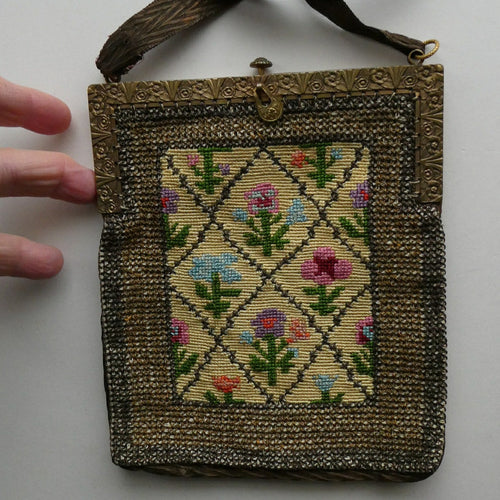 Vintage 1930s Art Deco Beaded Evening Bag with Needlepoint Panels. Very Unusual