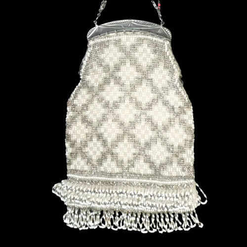 Vintage WHITE Art Deco Beaded Evening Bag with Chrome Clasp and Chain Handles; 1930s