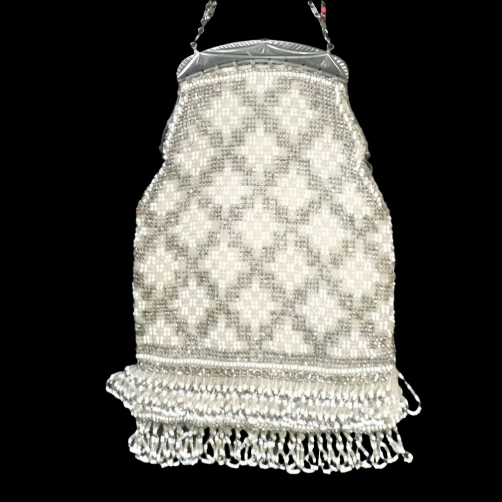 Vintage WHITE Art Deco Beaded Evening Bag with Chrome Clasp and Chain Handles; 1930s