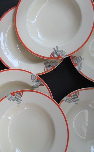 Art Deco 1930s Royal Doulton Orange Red Tango Pattern Soup Bowls or Dishes