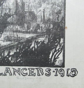 Frank Brangwyn WWI Proof for a Poster. Lithograph. Watch on the Rhine 9th Lancers. Pencil Signed
