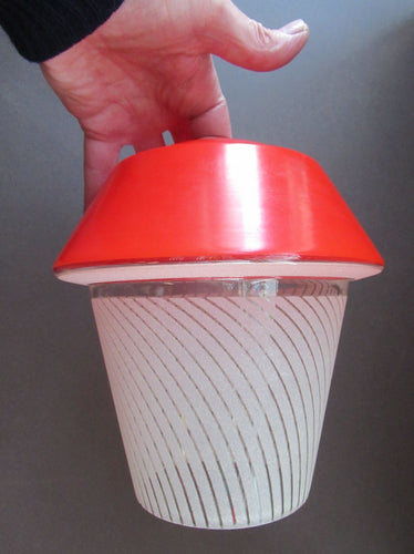 1950s Red and White Atomic Glass Hanging Shade with Candy Stripes