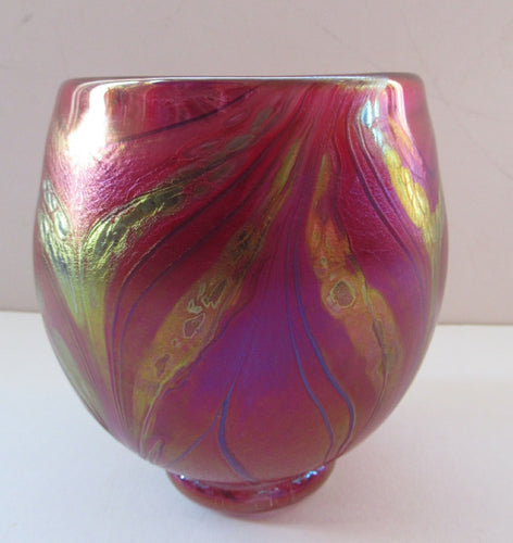 1990s Caithness Lanmara Scottish Studio Art Glass Bowl Pink and Iridescent Trails