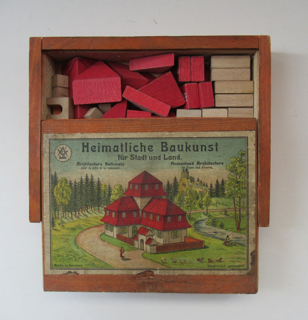 1920s German Wooden Building Blocks Side in Wooden Box