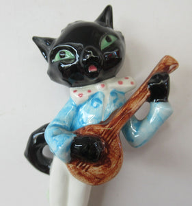 Fabulous & Cute. 1960s Goebel Figurine of a Little Comical Black Cat Playing a Banjo. Designed by Albert Staehle