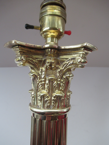 LARGE ANTIQUE Brass Column Lamp with Stepped Plinth Base & Corinthian Capital. WORKING