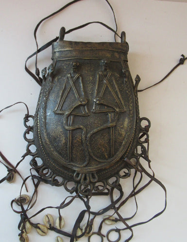 Antique Benin Nigeria Bronze Ovoid Metal Pouch or Bag. Figures and Snakes