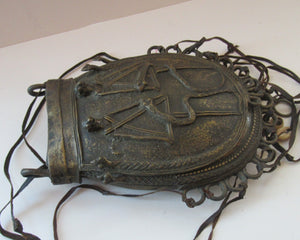 Antique Benin Nigeria Bronze Ovoid Metal Pouch or Bag. Figures and Snakes