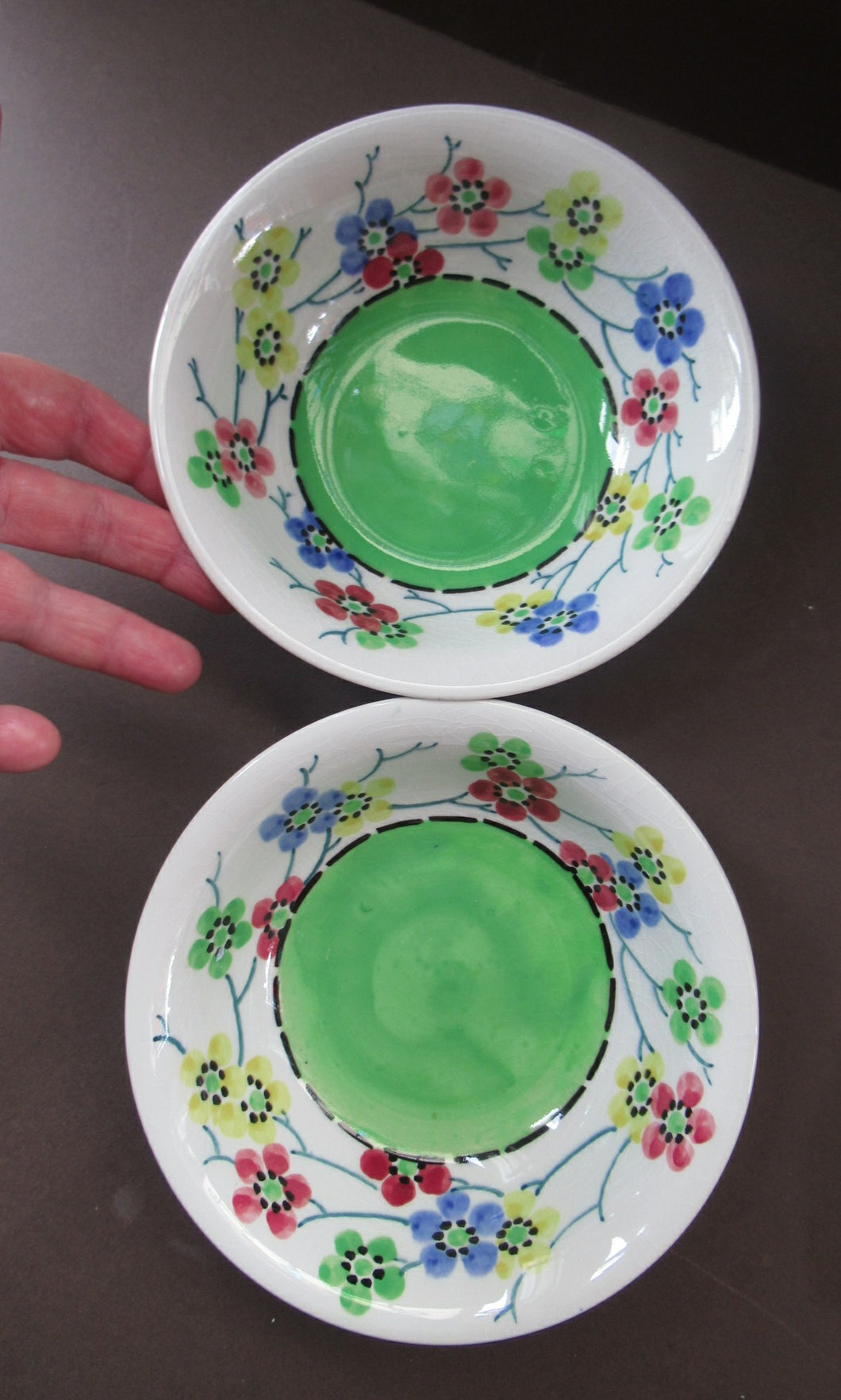 SCOTTISH POTTERY Bowls (L) PAIR of Smaller Bough Pottery Pudding Bowls painted by Chrissie Amour