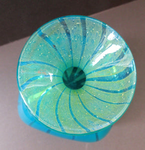 1970s Ming Pattern Mdina Glass Bottle Vase. Green and Blue Stripes