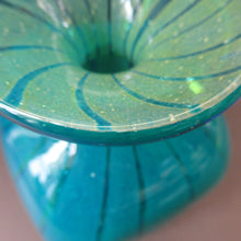 Load image into Gallery viewer, 1970s Ming Pattern Mdina Glass Bottle Vase. Green and Blue Stripes
