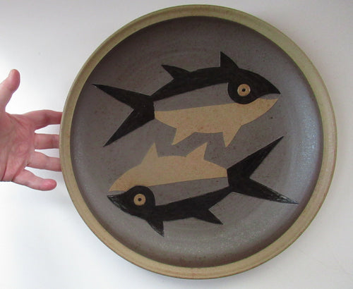 Vintage British Art Pottery Charger by Susan Brittleton. Abstract Fishes