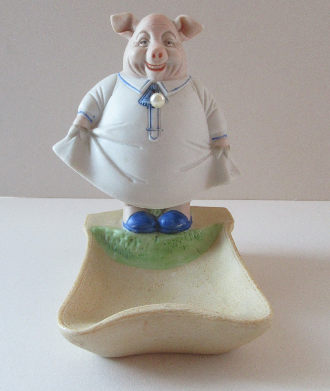 Antique Porcelain Nodder or Swinger Pin Tray by Schafer & Vater. Wee Pig Dressed as Lady 