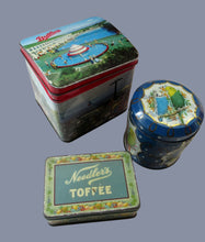 Load image into Gallery viewer, Three Vintage 1960s Advertising Tins. Butlins, Budgies and Needler&#39;s Toffee
