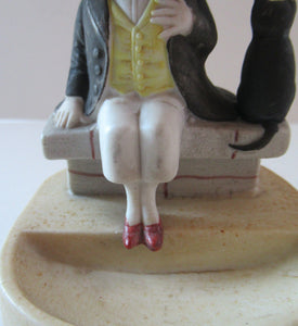 Antique Porcelain Nodder or Swinger Pin Tray by Schafer & Vater. Boy Wearing Yellow Straw Hat with Black Cat