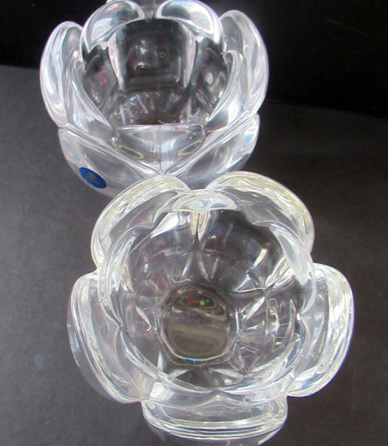 1990s PAIR of Heavy Clear Glass Royal Copenhagen Lotus Candle Holders. Large Size
