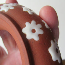 Load image into Gallery viewer, 1950s DANISH ART POTTERY Rosy Ring by Zeuthen Keramik by Edith Nielsen. Terracotta Glaze and Raised Gloss White Flowers
