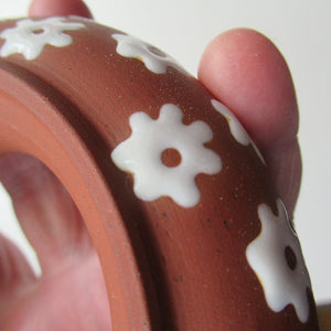 1950s DANISH ART POTTERY Rosy Ring by Zeuthen Keramik by Edith Nielsen. Terracotta Glaze and Raised Gloss White Flowers