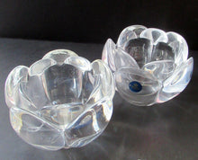 Load image into Gallery viewer, 1990s PAIR of Heavy Clear Glass Royal Copenhagen Lotus Candle Holders. Large Size1990s PAIR of Heavy Clear Glass Royal Copenhagen Lotus Candle Holders. Large Size
