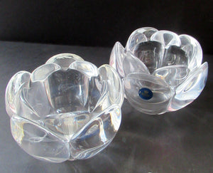 1990s PAIR of Heavy Clear Glass Royal Copenhagen Lotus Candle Holders. Large Size1990s PAIR of Heavy Clear Glass Royal Copenhagen Lotus Candle Holders. Large Size