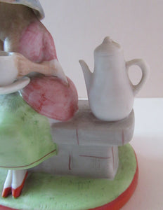 Antique Porcelain Nodder Figurine by Schafer & Vater. Old Lady in Garden Drinking Tea 