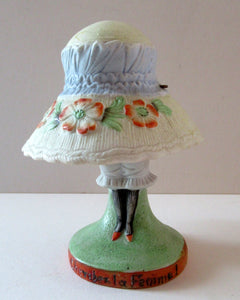 Antique Porcelain Nodder Figurine by Schafer & Vater. CHERCHEZ LA FEMME. Woman in Massive Hat 