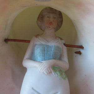 Antique Porcelain Nodder Figurine by Schafer & Vater. CHERCHEZ LA FEMME. Woman in Massive Hat 