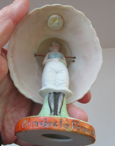Antique Porcelain Nodder Figurine by Schafer & Vater. CHERCHEZ LA FEMME. Woman in Massive Hat 