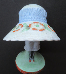 Antique Porcelain Nodder Figurine by Schafer & Vater. CHERCHEZ LA FEMME. Woman in Massive Hat 