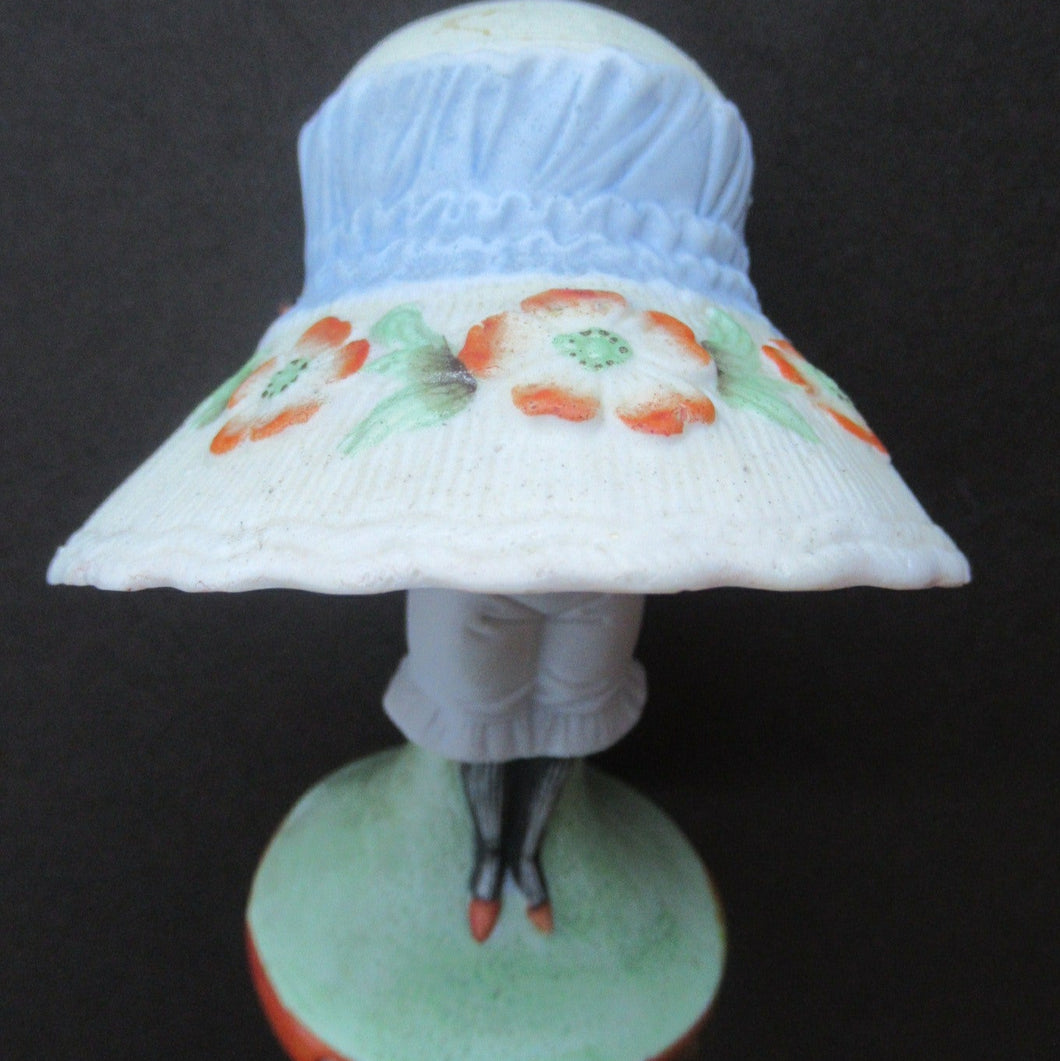 Antique Porcelain Nodder Figurine by Schafer & Vater. CHERCHEZ LA FEMME. Woman in Massive Hat 