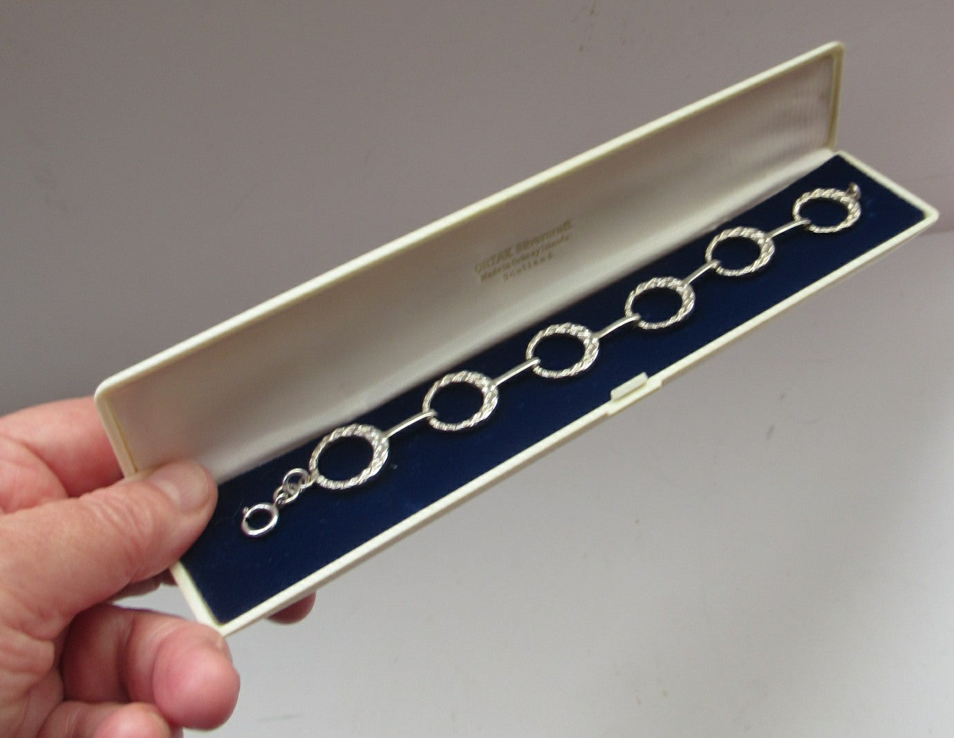 Vintage 1970s ORTAK Scottish Silver Rings Bracelet in Original Box. Designed by Malcolm Gray