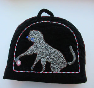 Antique 1880s Black Velvet and Beadwork Tea Cosy. White Beaded Cat