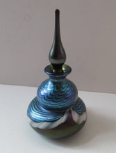 Load image into Gallery viewer, Vintage OKRA Glass PERFUME BOTTLE with Lustres, Silver-Blue Iridescent Layer, Peacock Trails and White Banding
