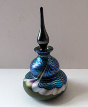 Load image into Gallery viewer, Vintage OKRA Glass PERFUME BOTTLE with Lustres, Silver-Blue Iridescent Layer, Peacock Trails and White Banding
