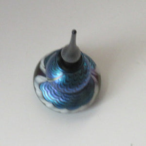 Vintage OKRA Glass PERFUME BOTTLE with Lustres, Silver-Blue Iridescent Layer, Peacock Trails and White Banding
