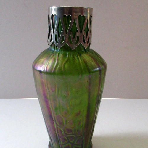 Antique Art Nouveau Kralik Iridescent Metal Glass Vases, Probably by Carl Stolzle