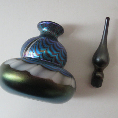 Vintage OKRA Glass PERFUME BOTTLE with Lustres, Silver-Blue Iridescent Layer, Peacock Trails and White Banding