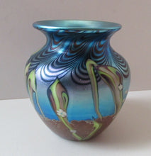 Load image into Gallery viewer, Vintage OKRA Glass Vase with Lustres, Peacock Trails and Tiny White Flowers
