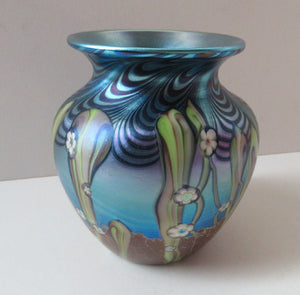 Vintage OKRA Glass Vase with Lustres, Peacock Trails and Tiny White Flowers