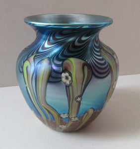 Vintage OKRA Glass Vase with Lustres, Peacock Trails and Tiny White Flowers