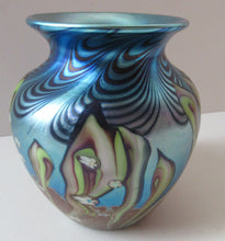 Load image into Gallery viewer, Vintage OKRA Glass Vase with Lustres, Peacock Trails and Tiny White Flowers
