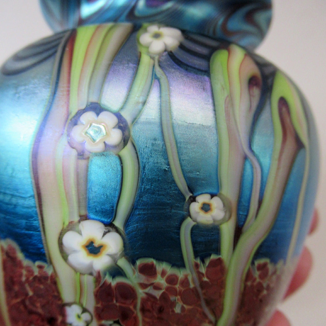 Vintage OKRA Glass Vase with Lustres, Peacock Trails and Tiny White Flowers