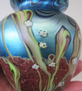 Vintage OKRA Glass Vase with Lustres, Peacock Trails and Tiny White Flowers