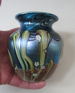 Vintage OKRA Glass Vase with Lustres, Peacock Trails and Tiny White Flowers