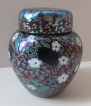 Load image into Gallery viewer, Vintage Okra Glass Ginger Jar Iridescent Finish and White Flowers. Signed
