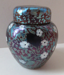 Vintage Okra Glass Ginger Jar Iridescent Finish and White Flowers. Signed