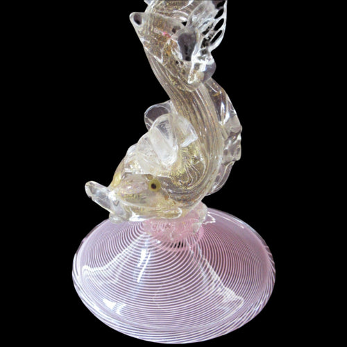Vintage 1950s VENETIAN Glass Candlestick with Dolphin Detail & Gold Aventurine Flecks. Attributed to Salviati