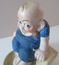 Load image into Gallery viewer, Antique Porcelain Nodder or Swinger Pin Tray by Schafer &amp; Vater. Bathing Beauty. Man in a Blue Bathing Suit 
